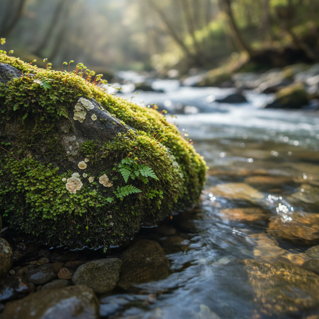 Close-up, photographic realism of a moss-covered rock beside a clear mountain stream, showcasing intricate ecosystem micro-details. The rock’s surface is textured with multiple moss species in varied greens, tiny ferns, and delicate lichens, while crystal-clear water flows around smooth pebbles, refracting light. Soft morning sunlight filters through an unseen canopy, creating dappled highlights on the moss and subtle motion-blur streaks in the water. The composition uses shallow depth of field so the rock and immediate surrounding habitat are in razor-sharp focus while the background stream and banks dissolve into a gentle bokeh. The mood is calm, precise, and observant, evoking scientific fieldwork and careful ecological study, with a clean, natural, professional aesthetic aligned to a science-backed environmental consulting brand.